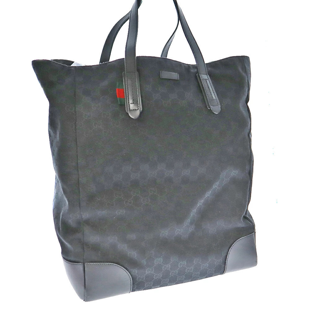 GUCCI Tote Bag Shoulder Handbag Leather GG Canvas Black Travel - Picture 1 of 10